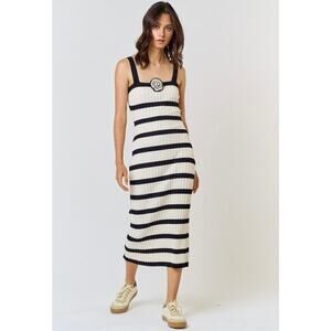 Rosette Striped Sleeveless Sweater Midi Dress in Cream-Black